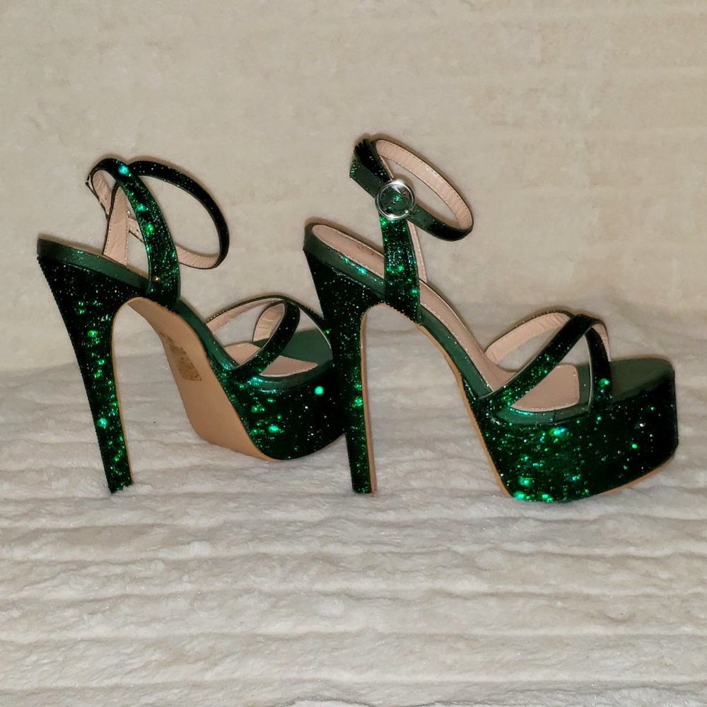 Bejeweled Pandora Emerald Green Sparkling Rhinestone Platform 6.5" Heels Sh…